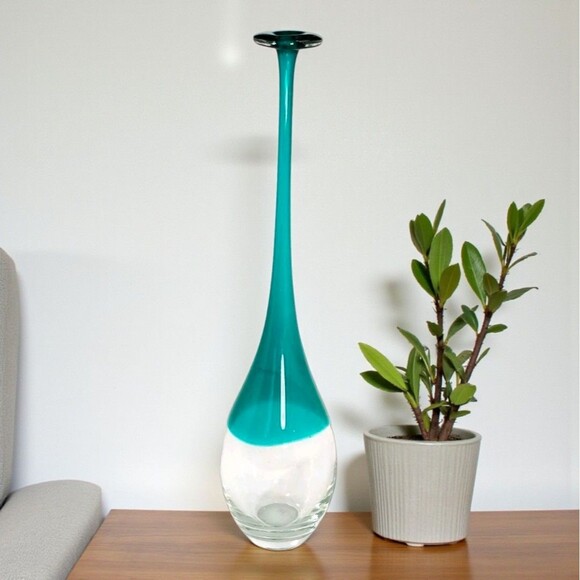 Vintage Murano Style Art Glass Vase Teal Over Clear 16" Long Neck Sommerso Blue - Picture 1 of 8